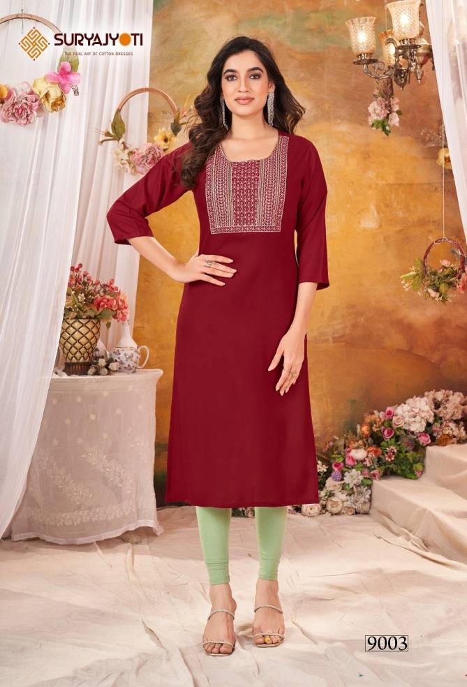 Nirja Advance Vol 9 By Suryajyoti Straight Cut Rayon Embroidery Kurtis Wholesalers In Delhi